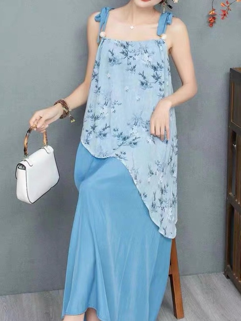 Asian Brand Tie Light Blue Floral Overlay Maxi Midi Summer Vacation Dress XS/S